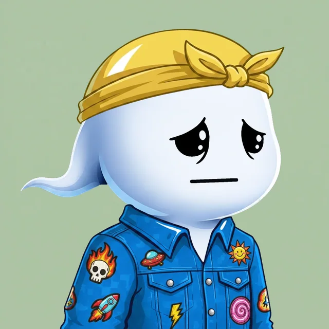 A character wearing a patched denim jacket